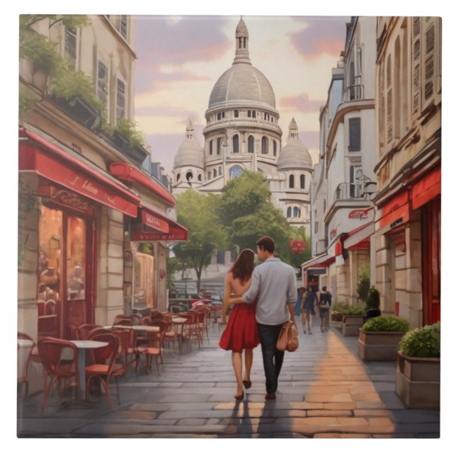 Paris Love: Romantic Couple by Sacre Coeur Church Tile (Front)