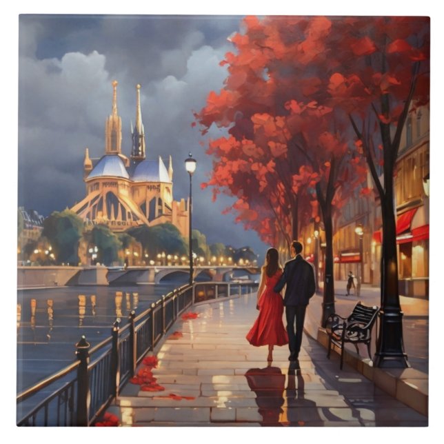 Paris Love: Romantic Couple by Seine Notre Dame Tile (Front)