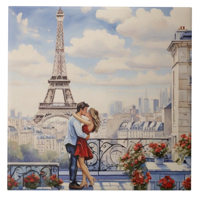 Paris Love: Romantic Couple Eiffel Tower Balcony Tile (Front)
