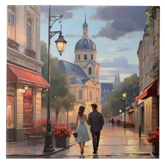 Paris Love: Romantic Couple Evening Stroll France Tile (Front)