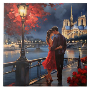 Paris Love: Romantic Couple Seine River Notre Dame Tile
