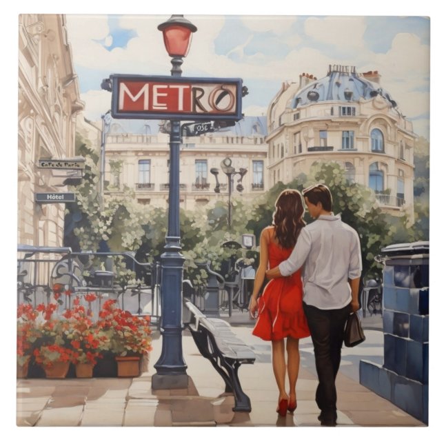 Paris Love: Romantic French Walk by Metro Station Tile (Front)