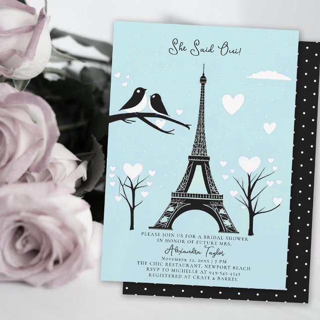 Paris Lovebirds Eiffel Winter Blue Bridal Shower Invitation (winter bridal shower invitation paris theme she said oui ice blue lovebirds hearts elegant romantic )