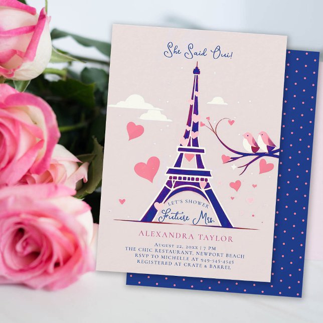 Paris Lovebirds Pink Hearts Navy Bridal Shower Invitation (paris bridal shower invitation theme navy pink eiffel hearts lovebirds she said oui elegant modern)