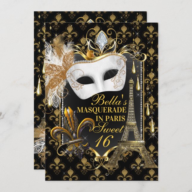 Paris Masquerade Birthday Party Invitations (Front/Back)