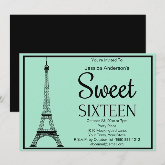 Paris Mint Green Black Eiffel Tower Sweet Sixteen Invitation (Front/Back)