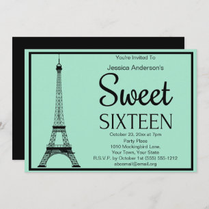 Paris Mint Green Black Eiffel Tower Sweet Sixteen Invitation