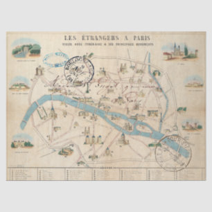 Paris Monument Map Guide Vintage French Postmark Tissue Paper