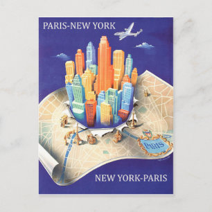 Paris New York, vintage airline Postcard