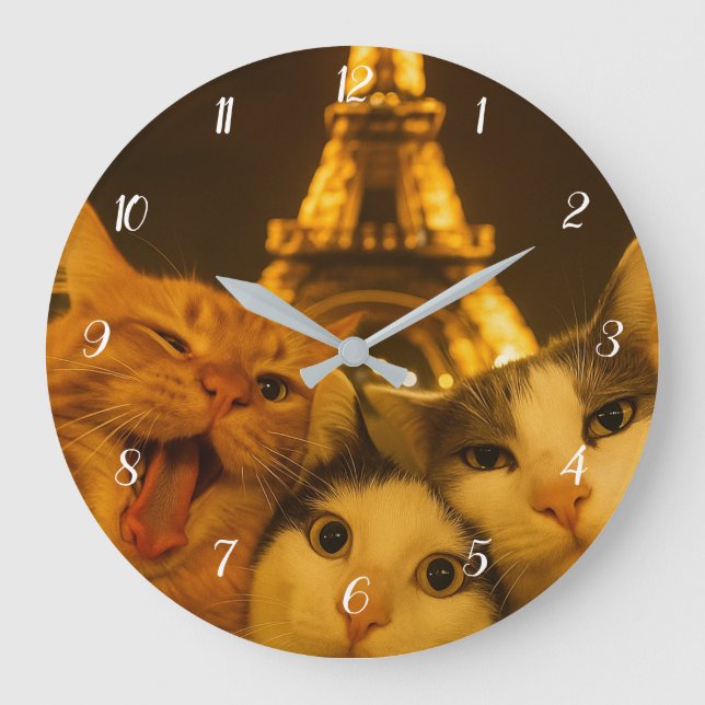 Paris Night Cat Selfie Squad Lover                 Large Clock (Front)