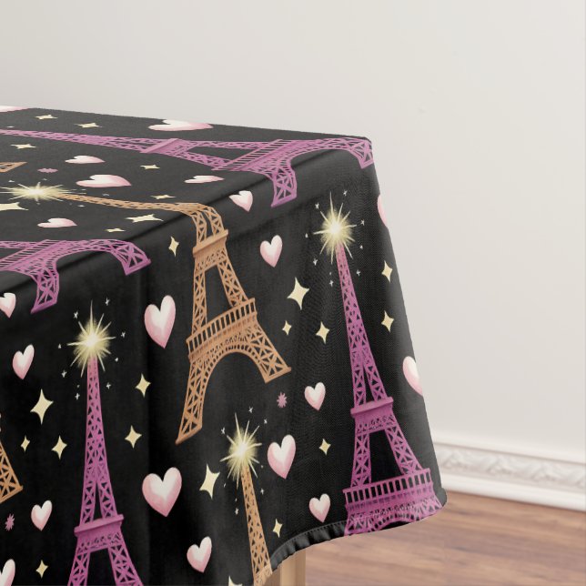 Paris Night Eiffel Tower Hearts & Sparkle Design Tablecloth (In Situ)
