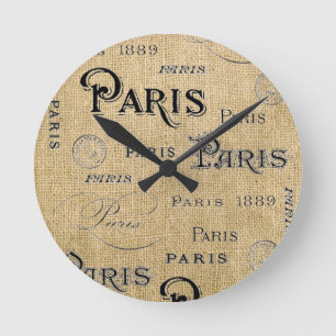 Paris on Burlap Round Clock
