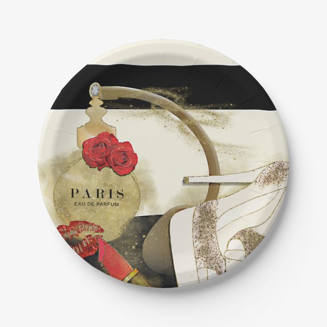Paris Parfum Perfume Roses Heels & Lipstick Paper Plate (Front)