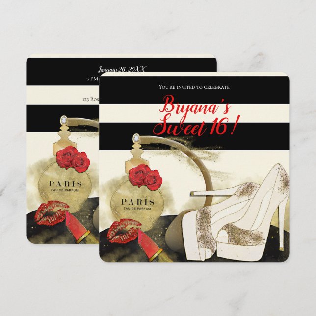 Paris Parfum Perfume Roses Heels & Lipstick Party Invitation (Front/Back)