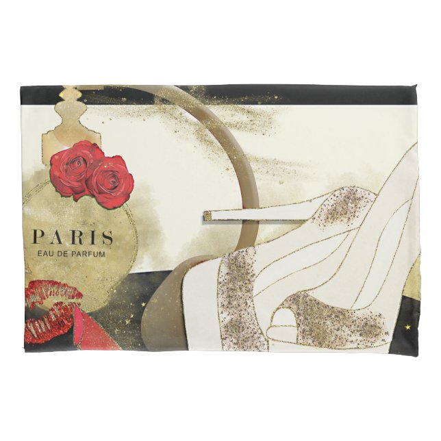Paris Parfum Perfume Roses Heels & Lipstick Pillow Pillowcase (Front)