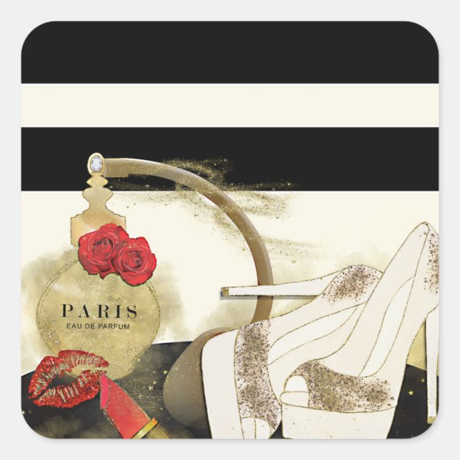 Paris Parfum Perfume Roses Heels & Lipstick Square Sticker (Front)