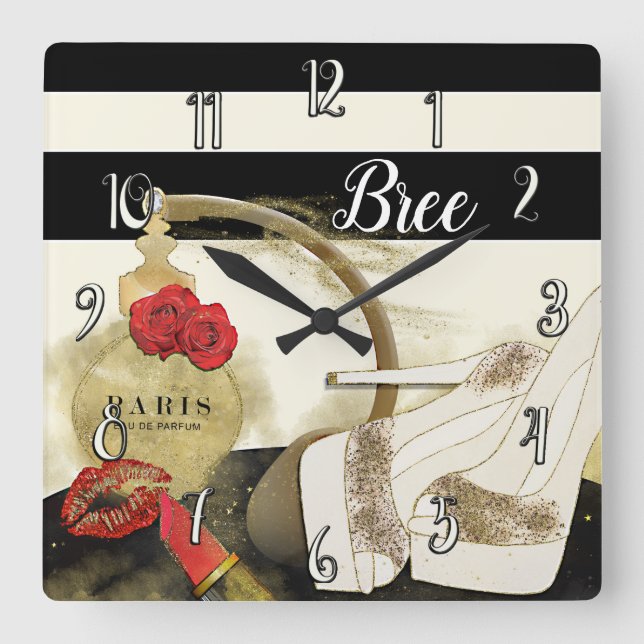 Paris Parfum Perfume Roses Heels & Lipstick Square Wall Clock (Front)