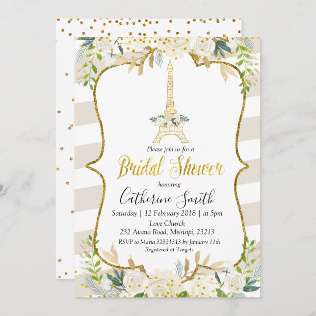 Paris Pastel White Romantic Bridal Shower Invitation (Front/Back)