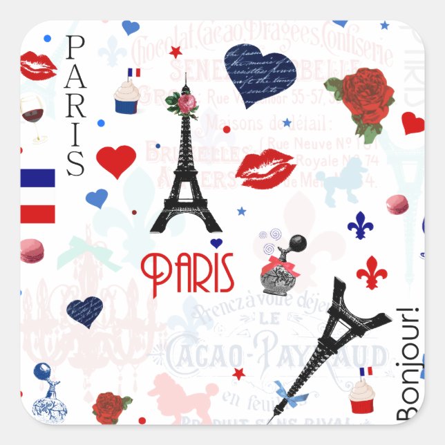 Paris pattern with Eiffel Tower Square Sticker (Front)