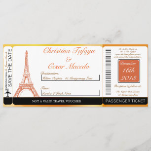 Paris Peach Boarding Pass Wedding Invitation