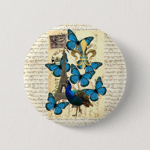 Paris, peacock and butterflies 6 cm round badge