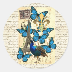 Paris, peacock and butterflies classic round sticker
