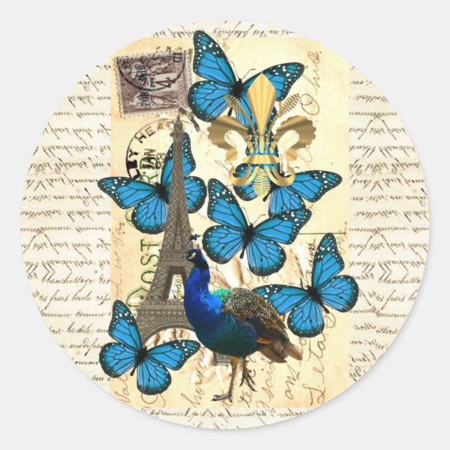 Paris, peacock and butterflies classic round sticker (Front)