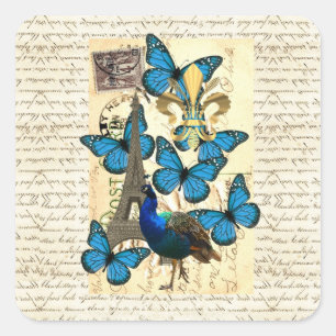 Paris, peacock and butterflies square sticker