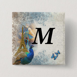 Paris peacock collage 15 cm square badge