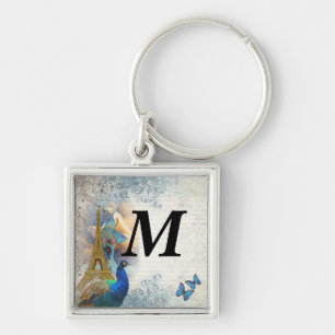 Paris peacock collage key ring