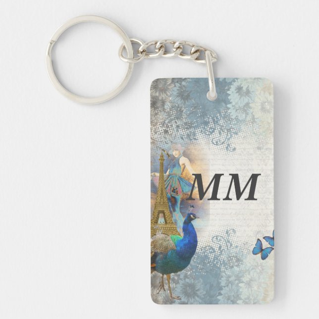Paris peacock collage key ring (Front)
