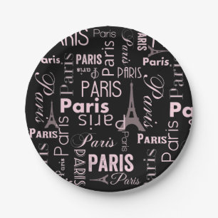 Paris pink, and black paris print paper plate