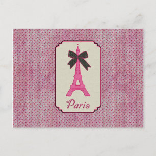 Paris Pink and Black Polka Dot Eiffel Tower & Bow Postcard