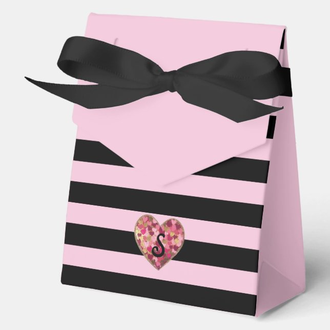 Paris Pink and Black Stripe Ribbon Monogram Favour Box (Front)