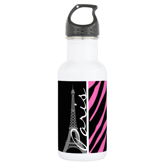 Paris; Pink & Black Zebra Print 532 Ml Water Bottle (Front)
