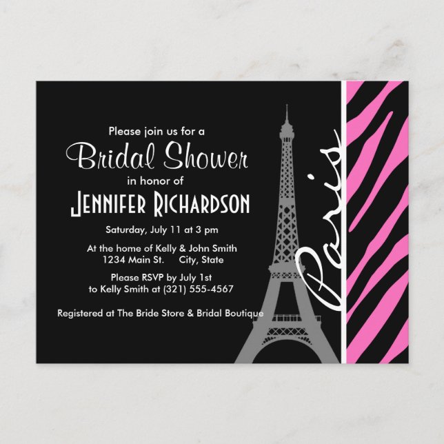Paris; Pink & Black Zebra Print Invitation Postcard (Front)