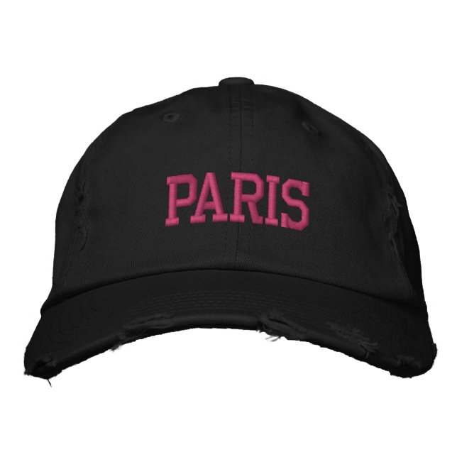 PARIS Pink Embroidery Black Vintage Style Embroidered Hat (Front)