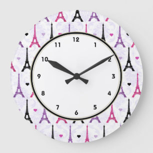 Paris Pink & Purple Eiffel Tower pattern Large Clock