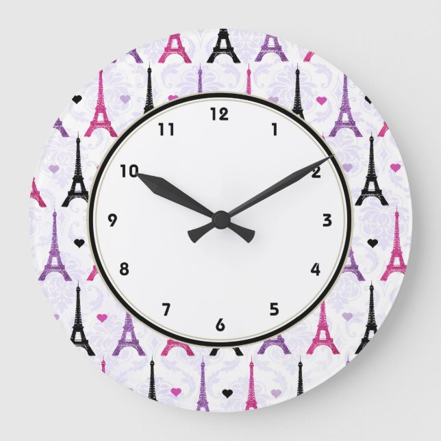Paris Pink & Purple Eiffel Tower pattern Large Clock (Front)