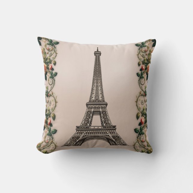 Paris Pink Rose Vines Eiffel Tower Shabby Chic Cushion (Front)