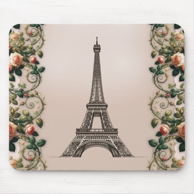 Paris Pink Rose Vines Eiffel Tower Shabby Chic Mouse Mat (Front)