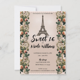 Paris Pink Rose Vines Eiffel Tower Sweet 16  Invitation