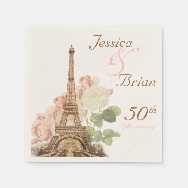 Paris Pink Rose Vintage Romantic Anniversary Napkin (Front)