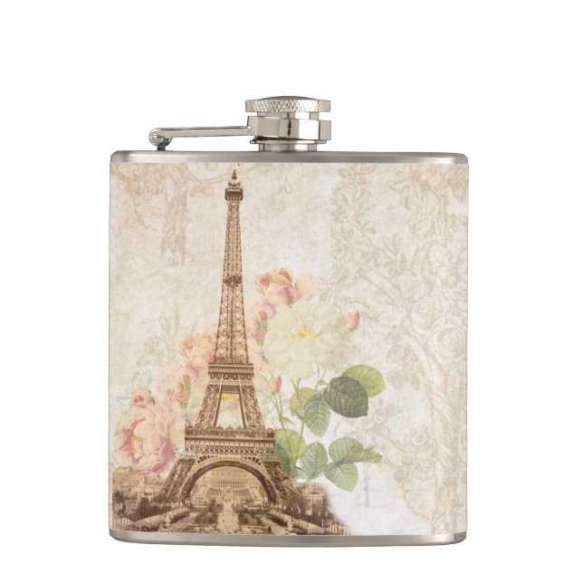 Paris Pink Rose Vintage Romantic Flask (Front)