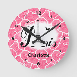 Paris Pink Roses Cute Girly Personalised Round Clock
