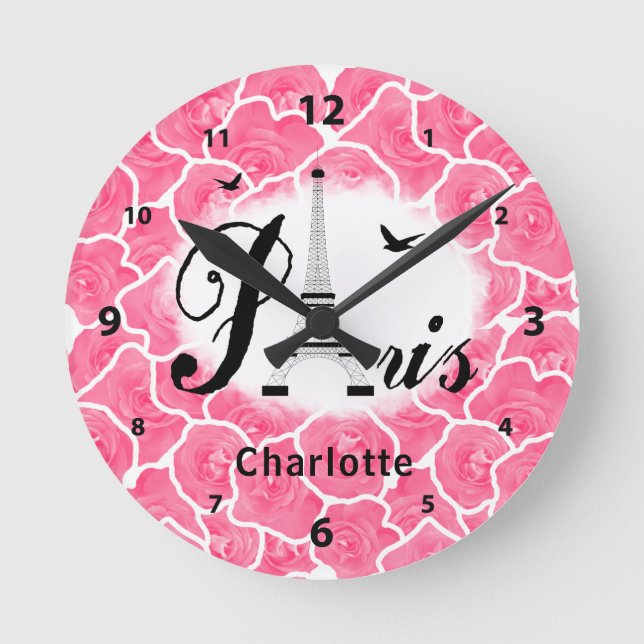 Paris Pink Roses Cute Girly Personalised Round Clock (Front)