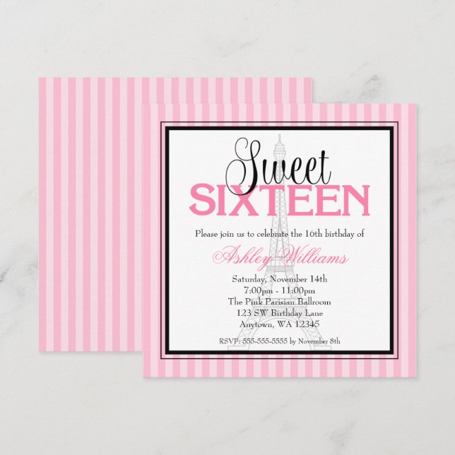 Paris Pink Stripes Sweet 16 Birthday Invitations (Front/Back)