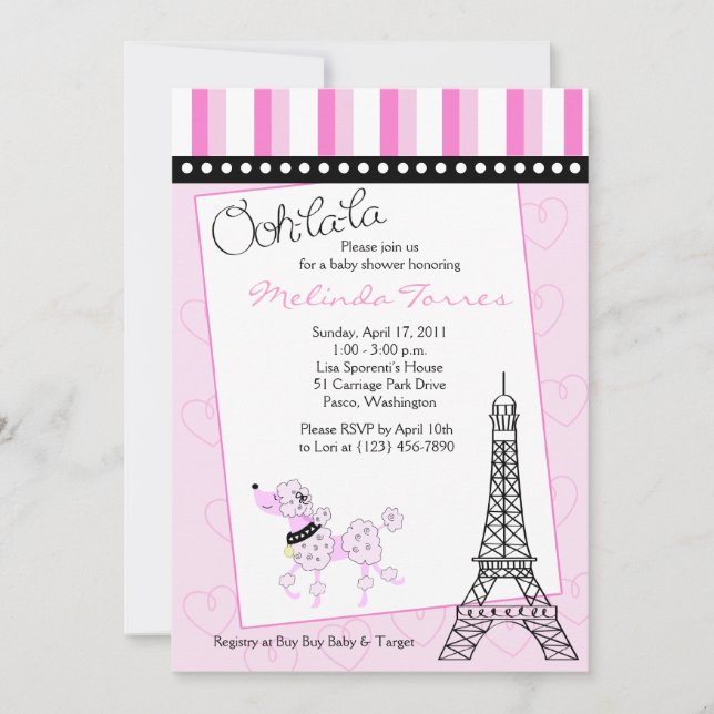 Paris Poodle 5x7 Pink Baby Shower Invitation (Front)