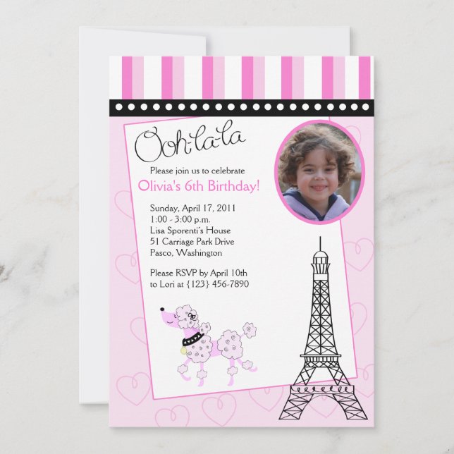 Paris Poodle 5x7 Pink Birthday Invitation (Front)
