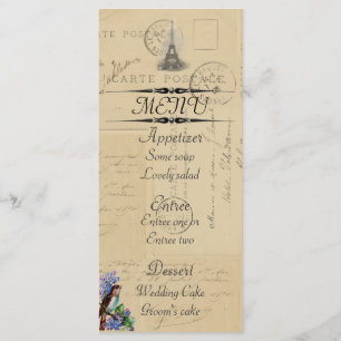 Paris Postcard Bird on Lilacs Menu Card